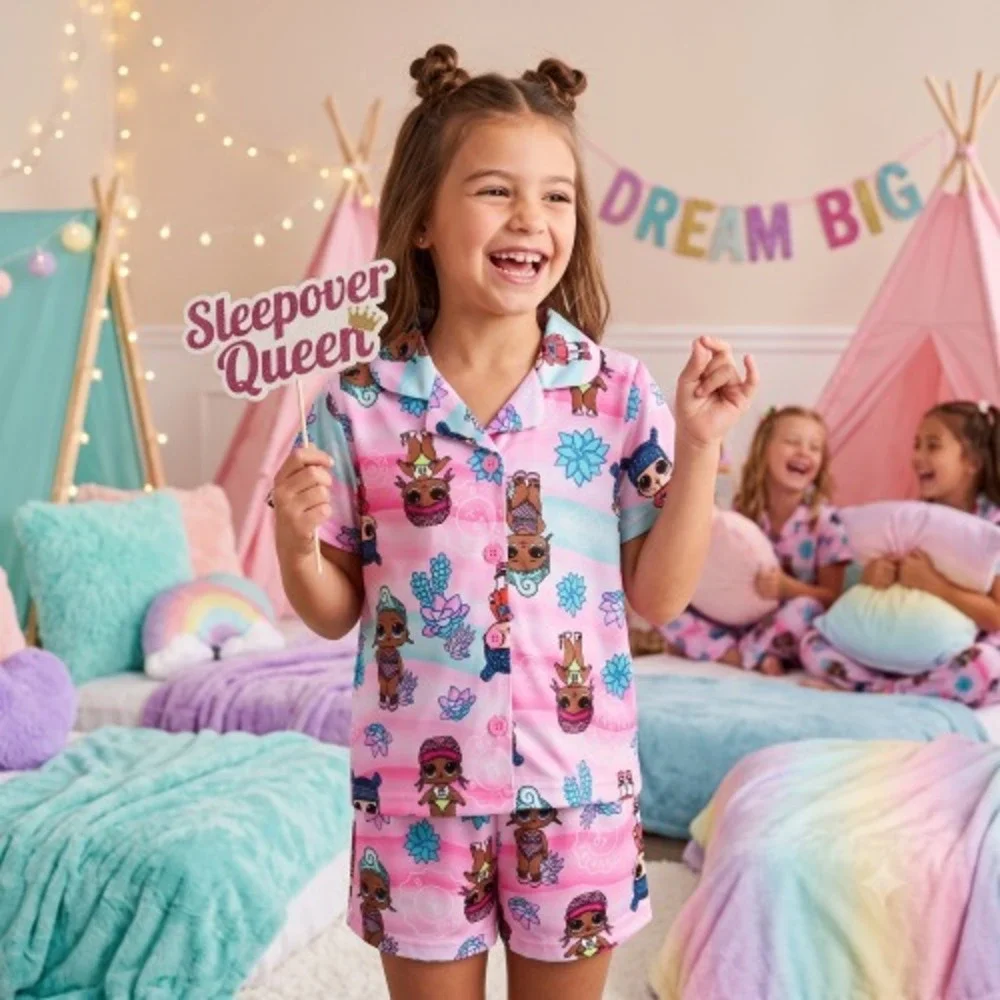 L.O.L. Surprise Girls Tropical Vacation Pink Button Front Pajamas Shorts Set 8